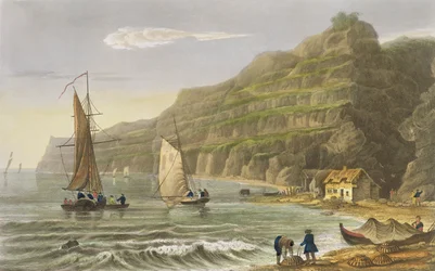 Baía de Shanklin, de "A Ilha de Wight Ilustrada, em uma Série de Vistas Coloridas", gravada por P. Roberts, publicada em 1846 (aquatint)